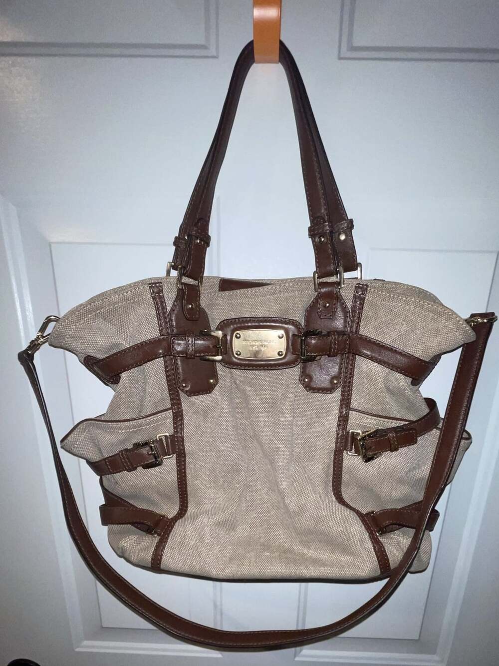 Michael Kors Gansevoort Canvas Shoulder Bag Brown Leather